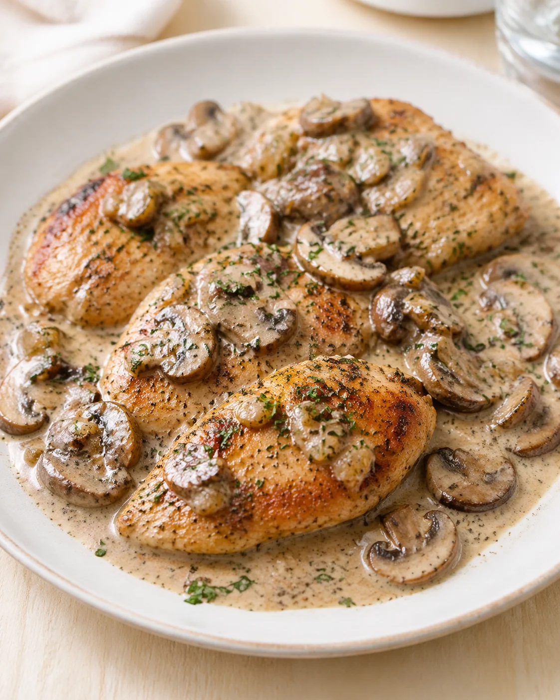 Single plated variation of Creamy Mushroom Chicken – One-Pan Dinner shown in a natural kitchen scene
