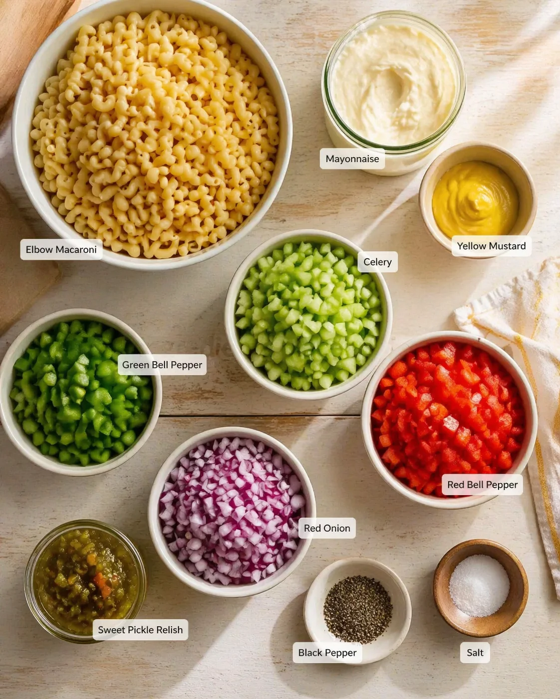 Measured ingredients arranged for Dolly Parton's Macaroni Salad: Ultimate Creamy Comfort Dish: Elbow Macaroni, Mayonnaise, Yellow Mustard, Celery, Green Bell Pepper, Red Bell Pepper