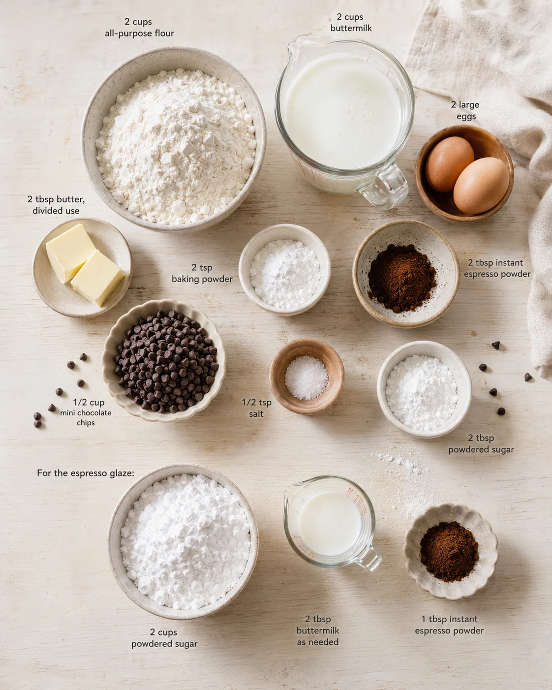 overhead view of baking ingredients arranged on a pale wooden surface with labeled measurements