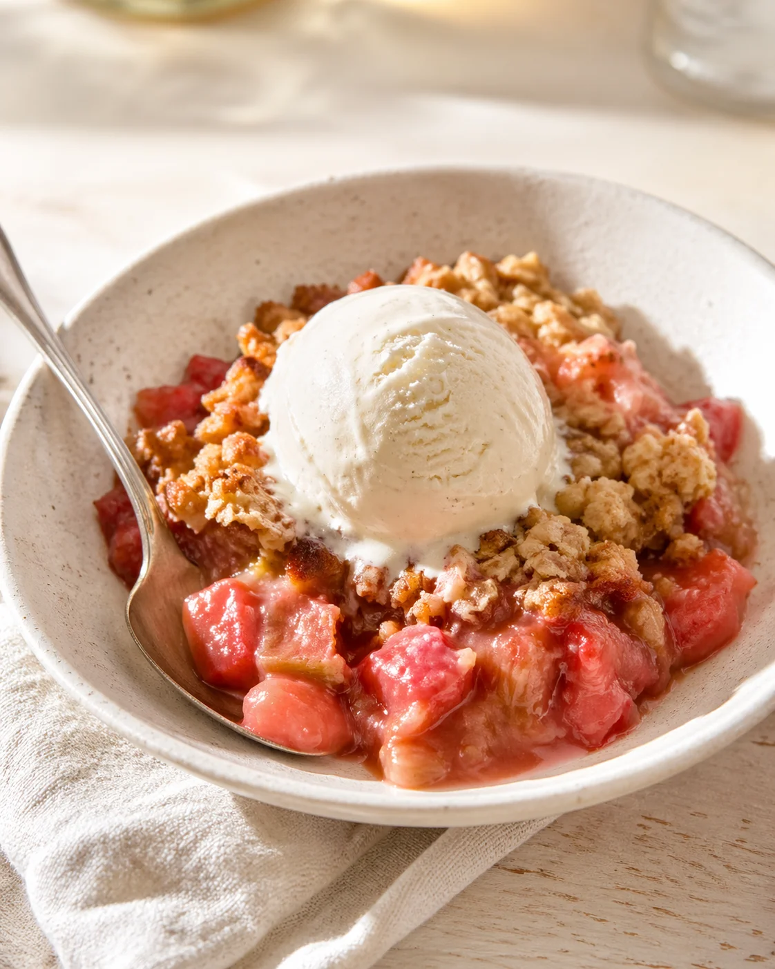 Single plated variation of Juicy Rhubarb Crisp with Strawberry Jello shown in a natural kitchen scene