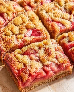 Final plated Easy Gluten Free Rhubarb Bars served as a hero shot