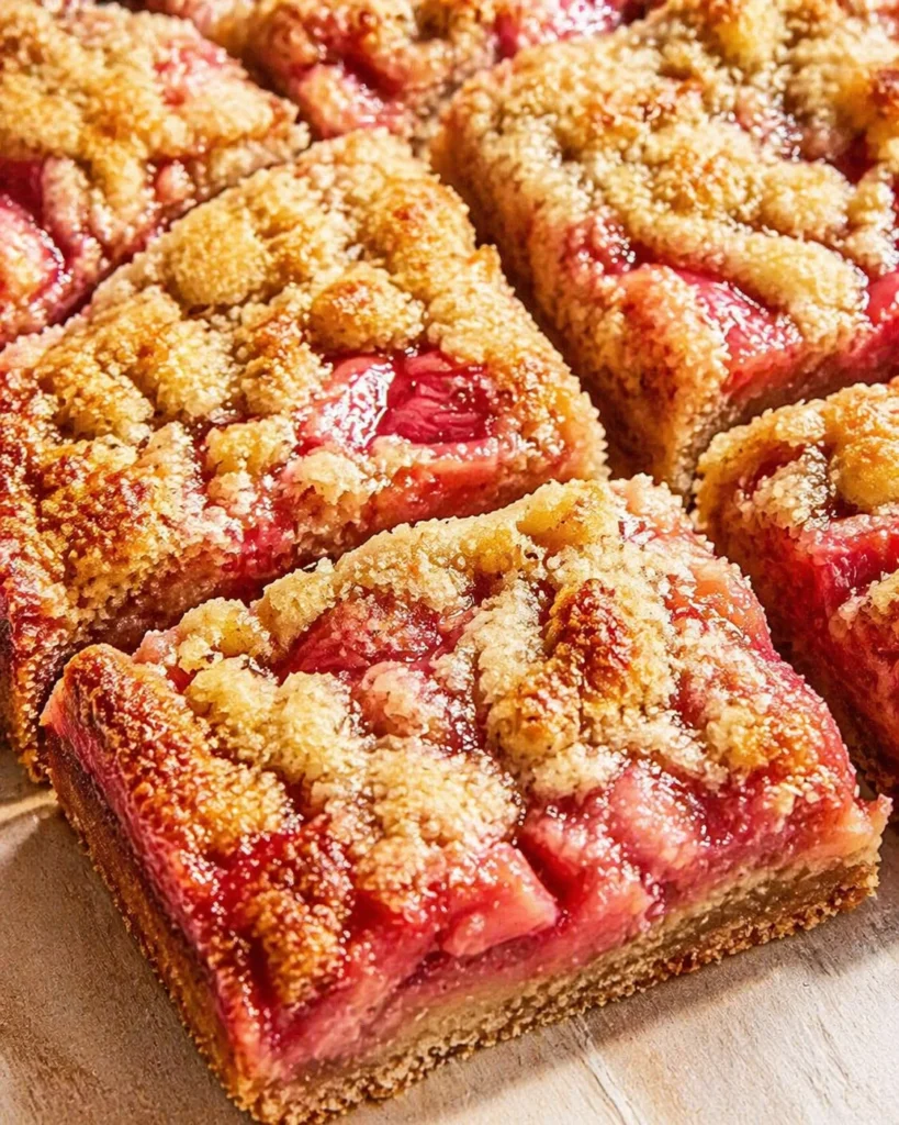 Final plated Easy Gluten Free Rhubarb Bars served as a hero shot