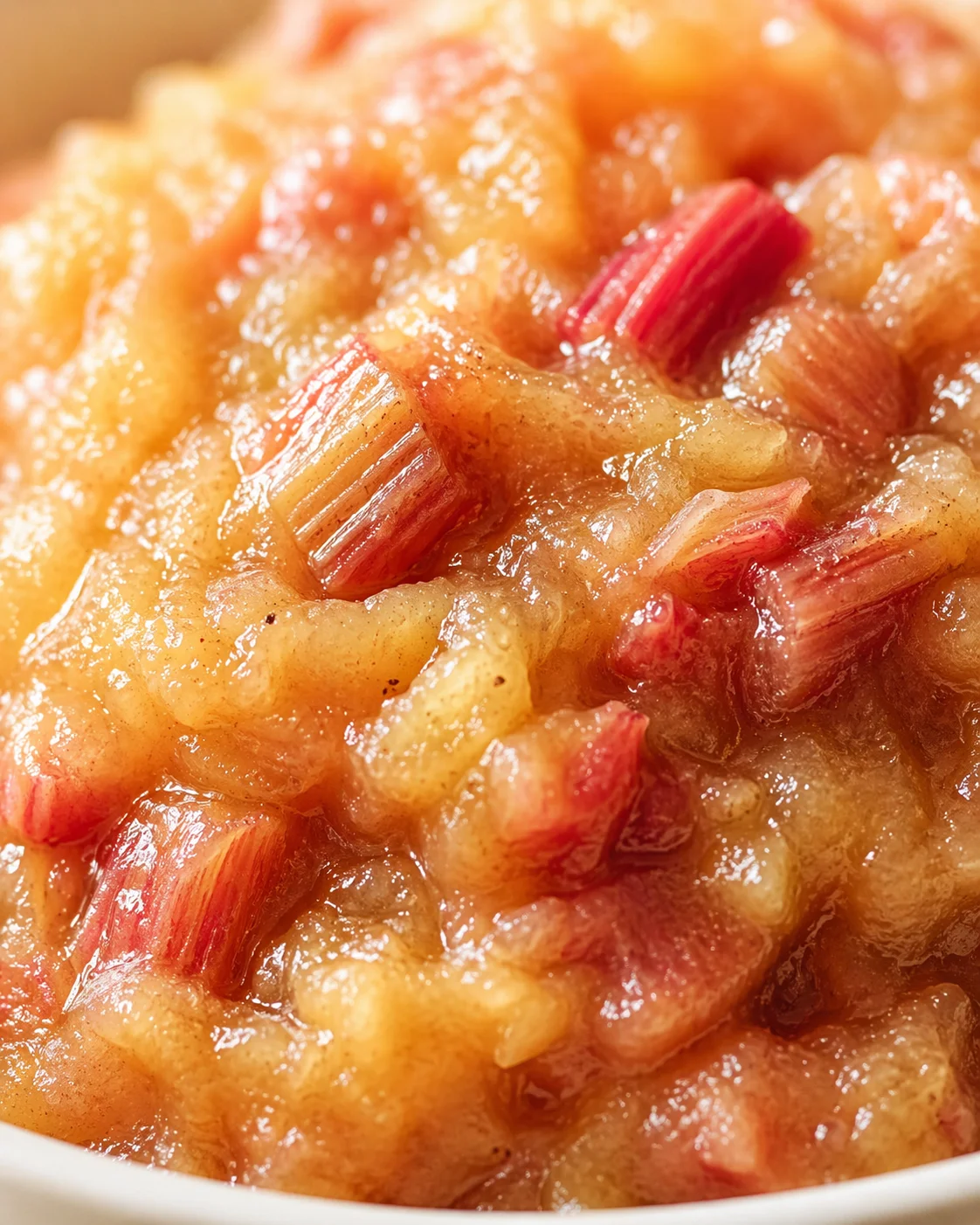 Tight detail shot of Quick Rhubarb Applesauce highlighting texture