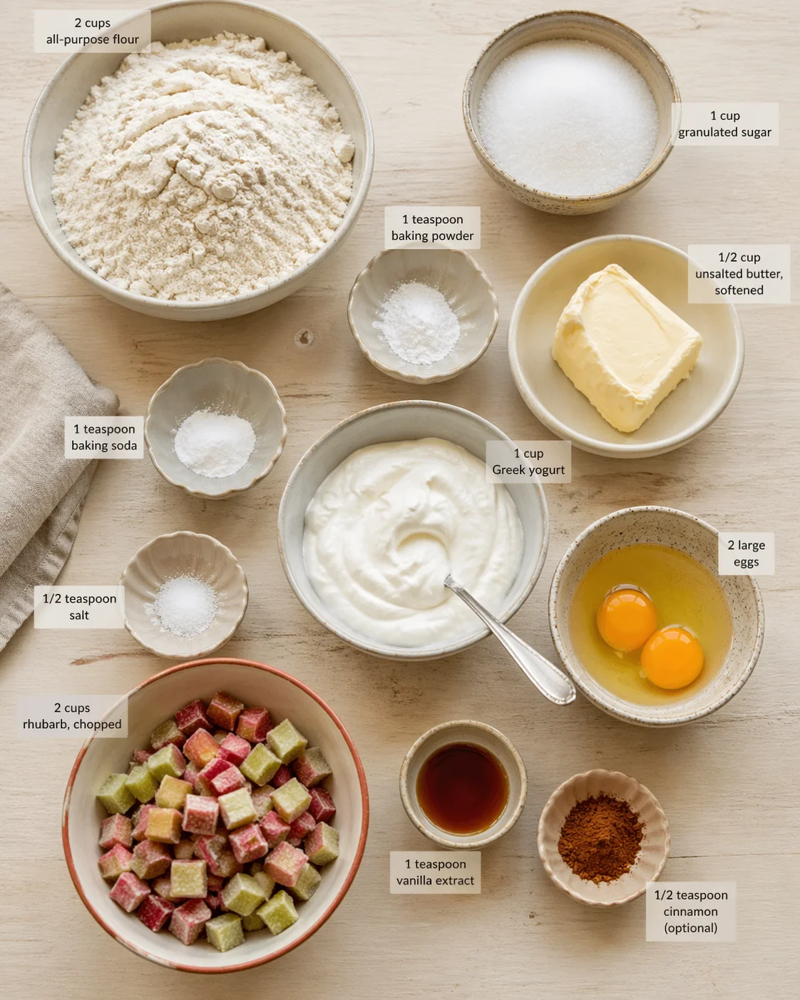 Measured ingredients arranged for Rhubarb Greek Yogurt Muffins: Bake Perfectly Soft Treats!: 2 cups all-purpose flour, 1 teaspoon baking powder, 1 teaspoon baking soda, 1/2 teaspoon salt, 1 cup granulated sugar, 1/2 cup 