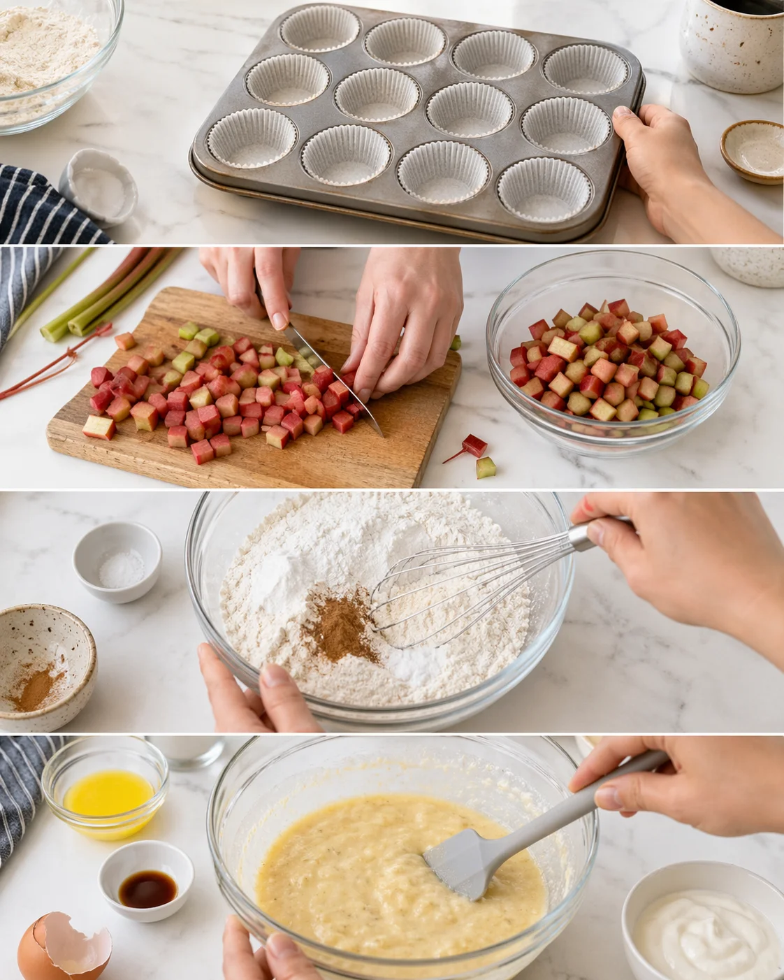 Muffin tin lined with paper cups, diced rhubarb on cutting board, two bowls whisking dry and wet mixtures.