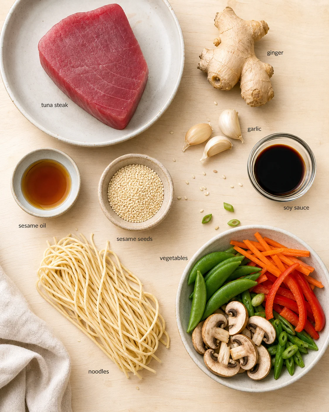 top-down view of tuna steak, ginger, garlic, noodles, and colorful vegetables with labeled ingredients.