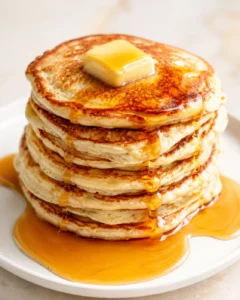 Stack of fluffy pancakes topped with butter and dripping maple syrup on a white plate.