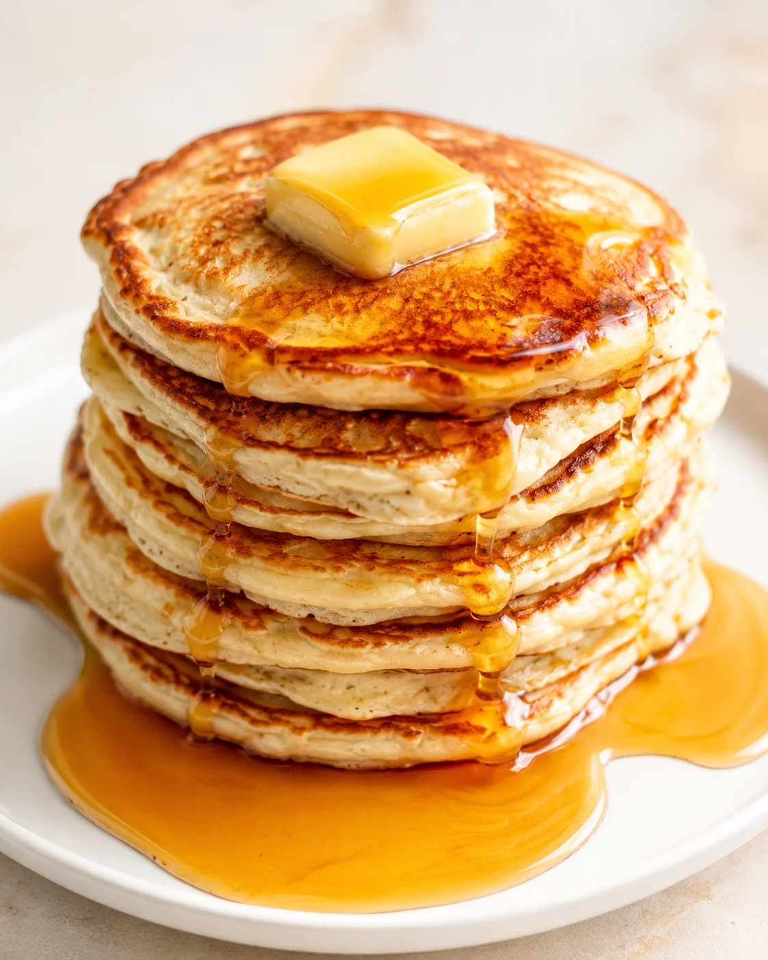 Stack of fluffy pancakes topped with butter and dripping maple syrup on a white plate.