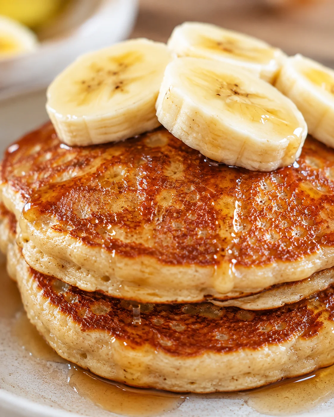 Close-up of a stack of fluffy pancakes topped with banana slices and syrup.