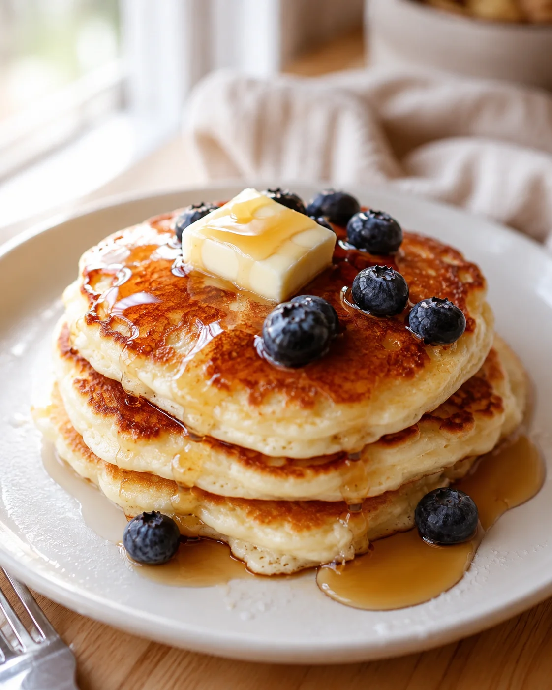 Stack of fluffy pancakes topped with butter and blueberries on a white plate.
