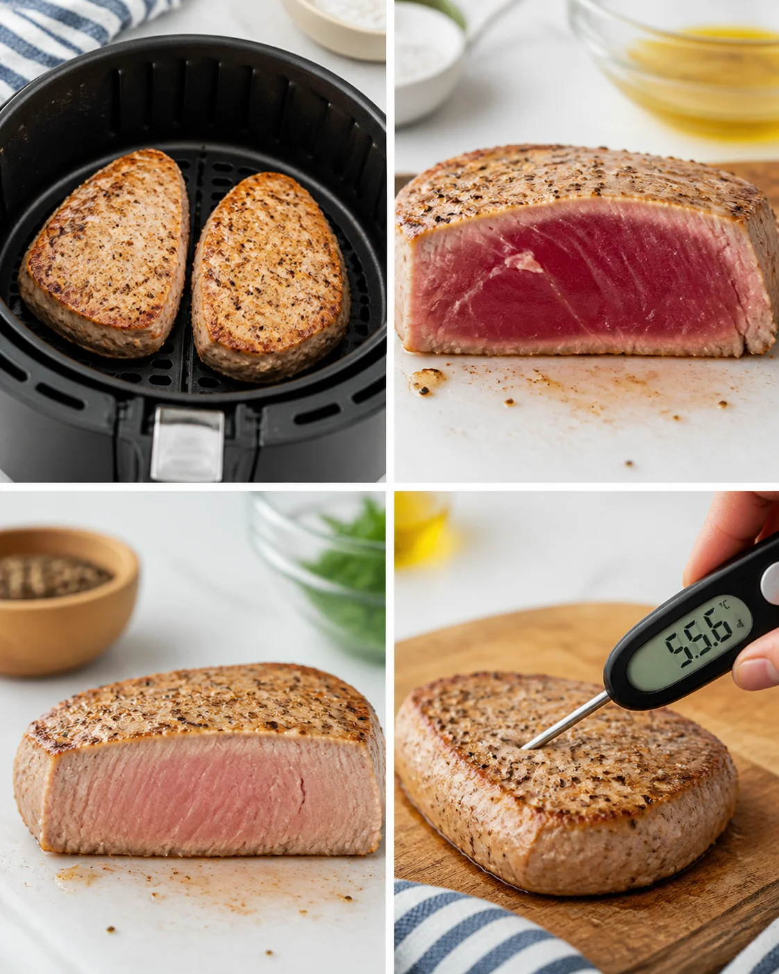 Collage of seared steak medallions in an air fryer, pink center roast, plated slice, and thermometer.