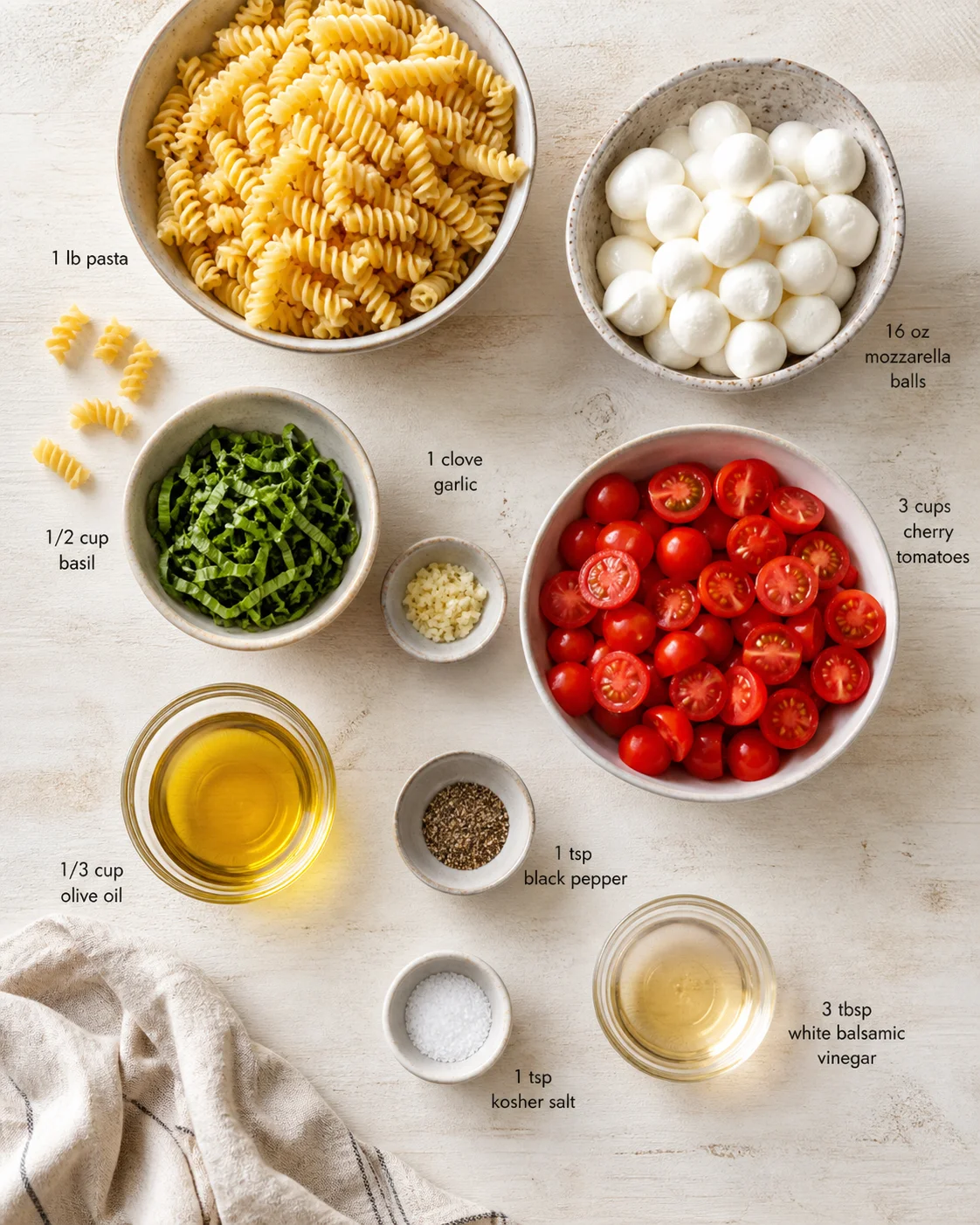 Overhead view of arranged pasta, mozzarella balls, cherry tomatoes, basil, and olive oil on a light wood surface.