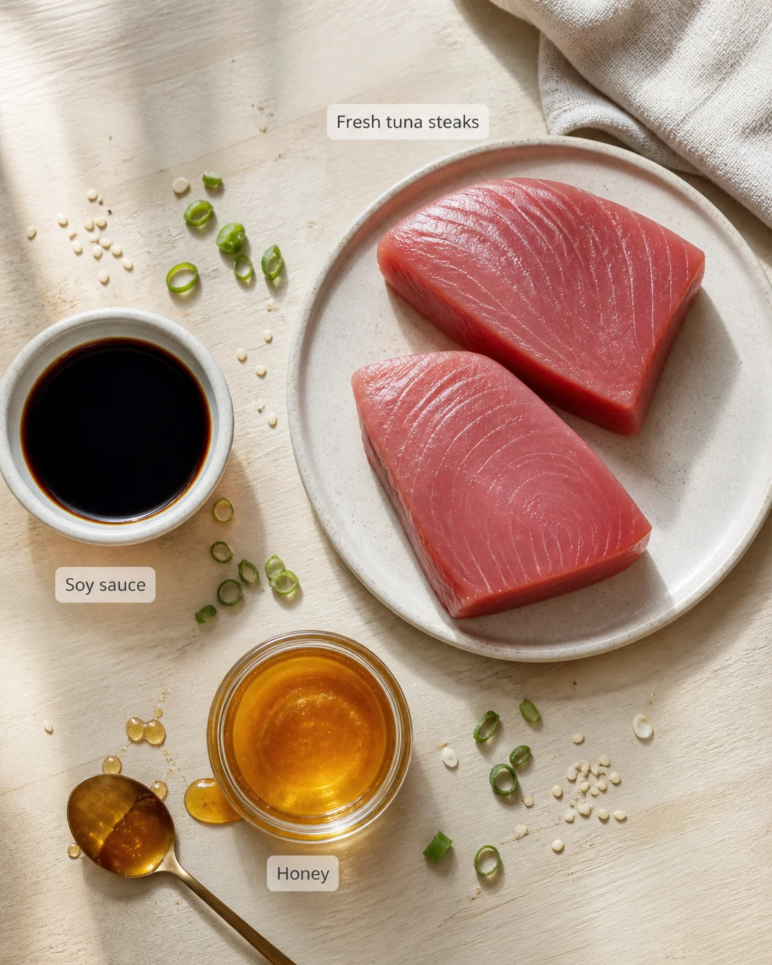 Two fresh tuna steaks on a plate with soy sauce, honey, sesame, and green onions arranged around them