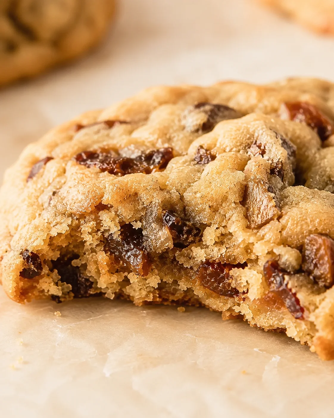 Close-up of a crumbly fruit-filled cookie with dark raisins on parchment