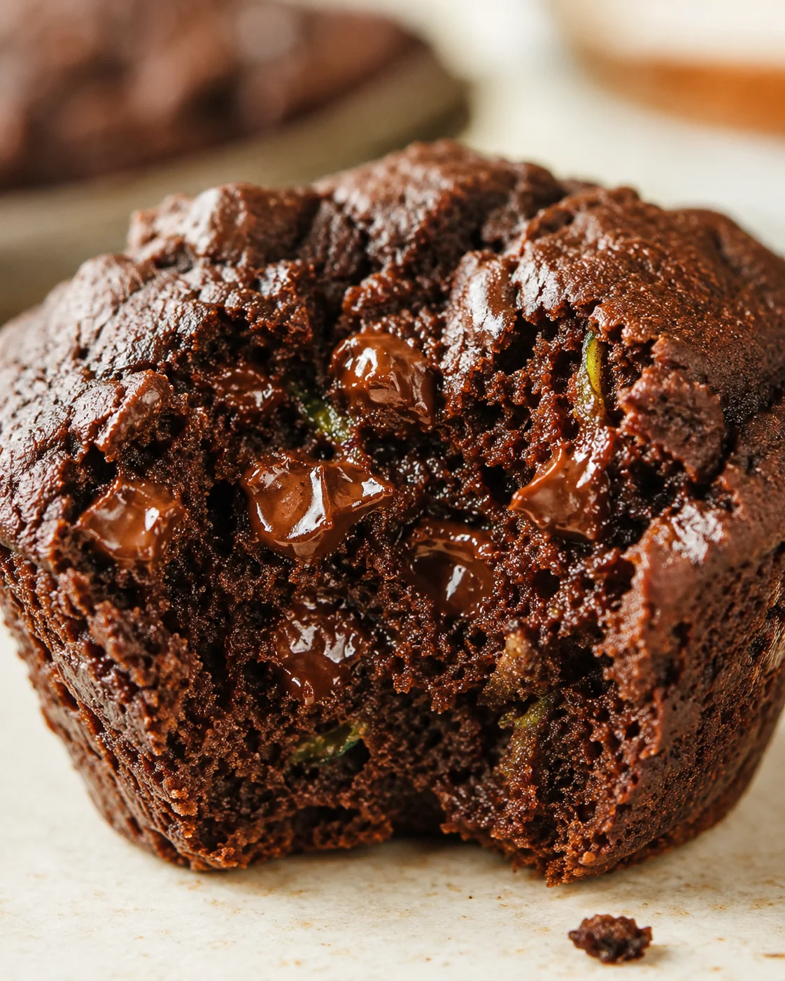 Close-up of a fudgy chocolate brownie with melted chips and pistachio pieces