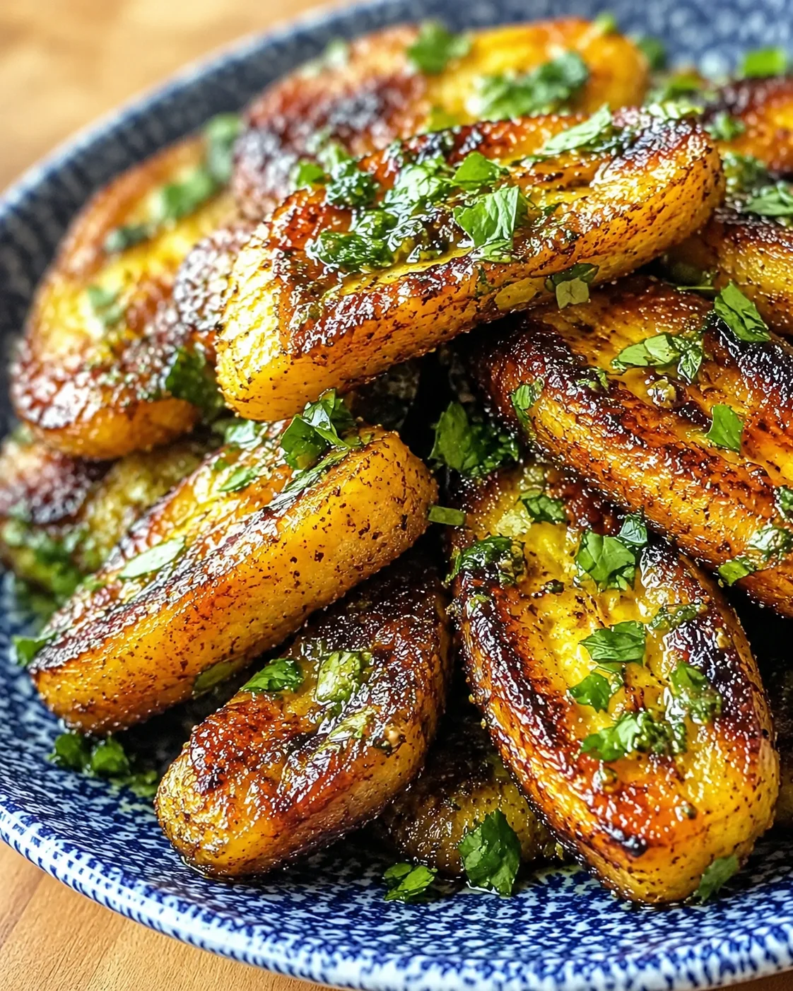 golden-brown roasted potato wedges with parsley in a blue speckled bowl