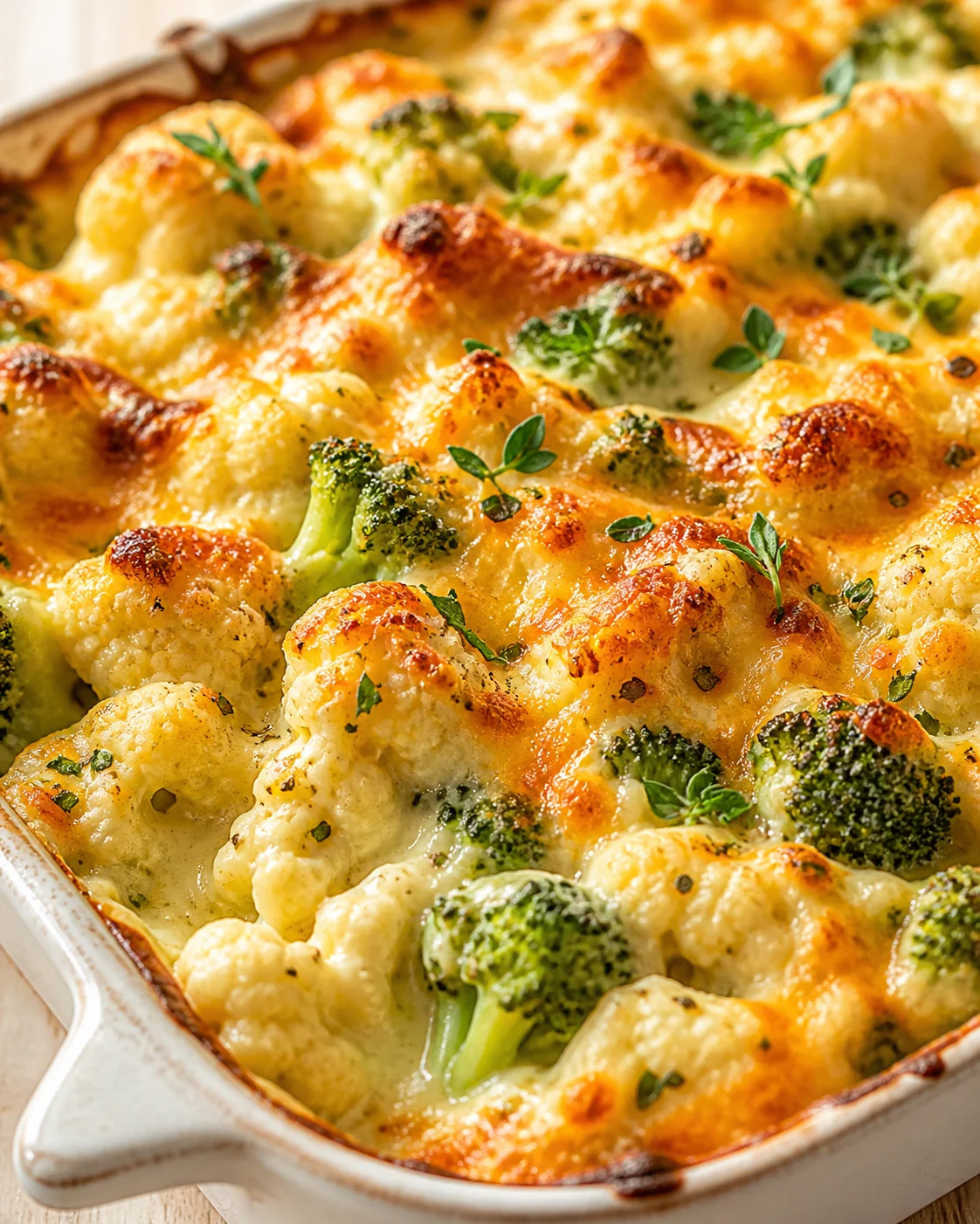 close-up of cheesy broccoli and cauliflower gratin in a white baking dish with fresh herbs