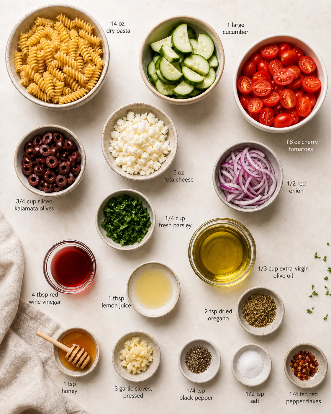 Overhead view of bowls with pasta, tomatoes, cucumber, feta, olives, onions, herbs, and oils.