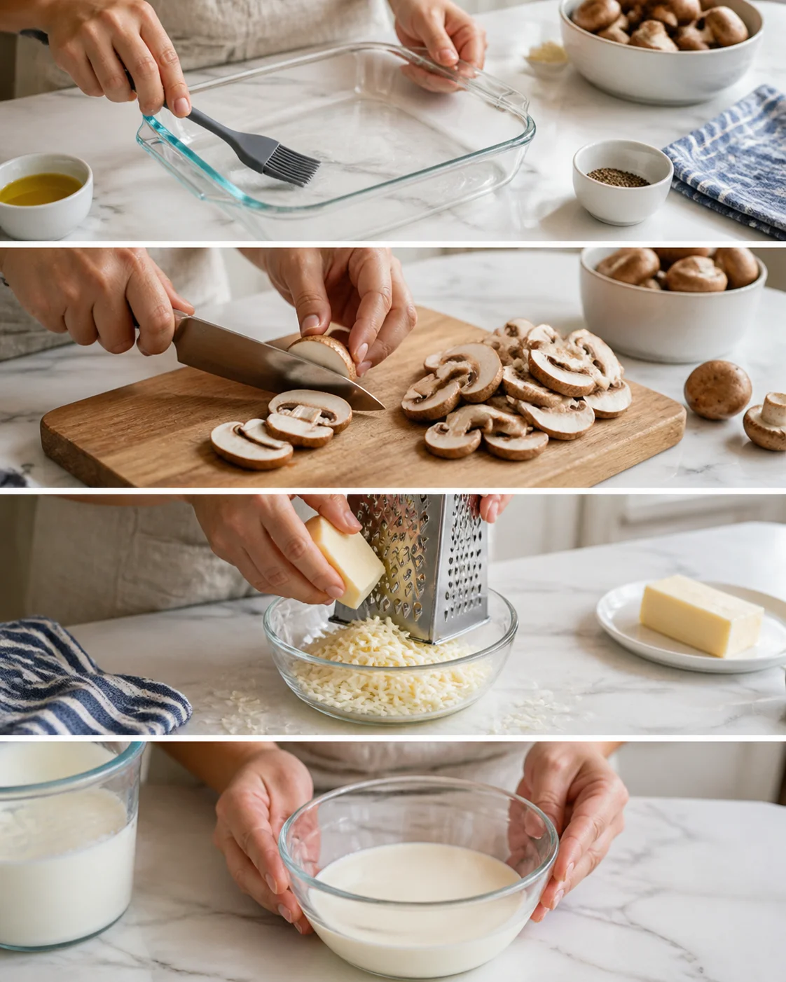 Four-panel kitchen sequence showing mushroom prep: greasing dish, slicing mushrooms, grating butter, and holding a bowl of cream.