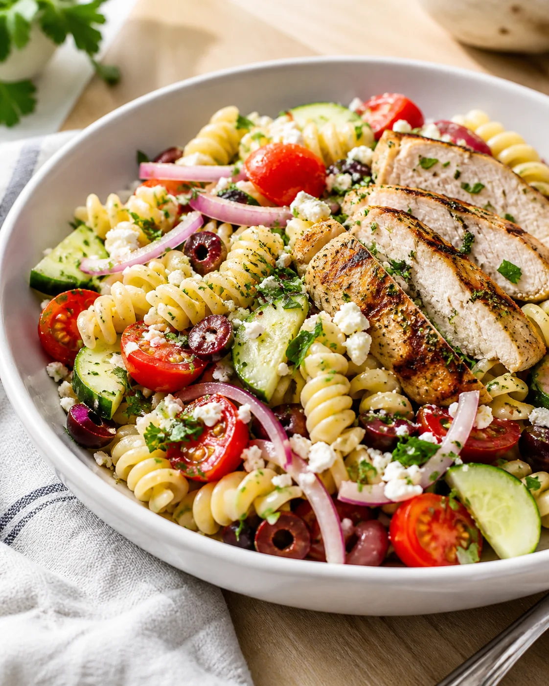 A large white bowl of pasta salad with rotini, cherry tomatoes, cucumbers, olives, feta, and grilled chicken slices.