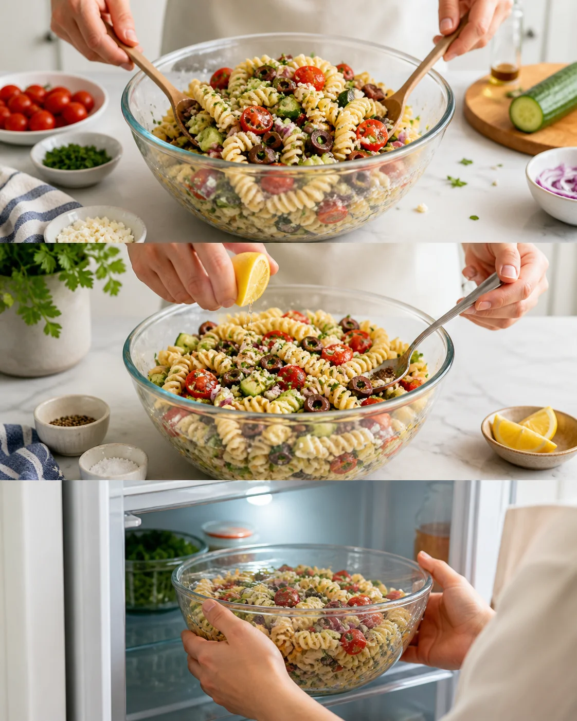 Collage of three steps: mixing, dressing, and chilling a colorful fusilli pasta salad.