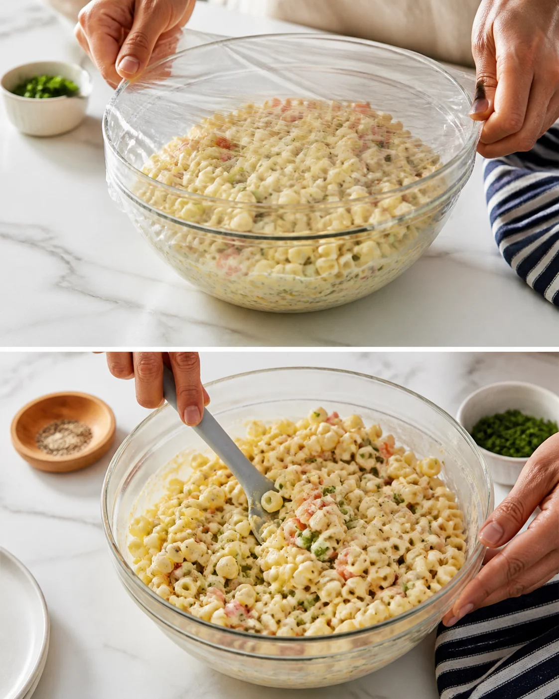 Two-panel image of creamy macaroni salad in a glass bowl on a marble counter; ingredients visible.