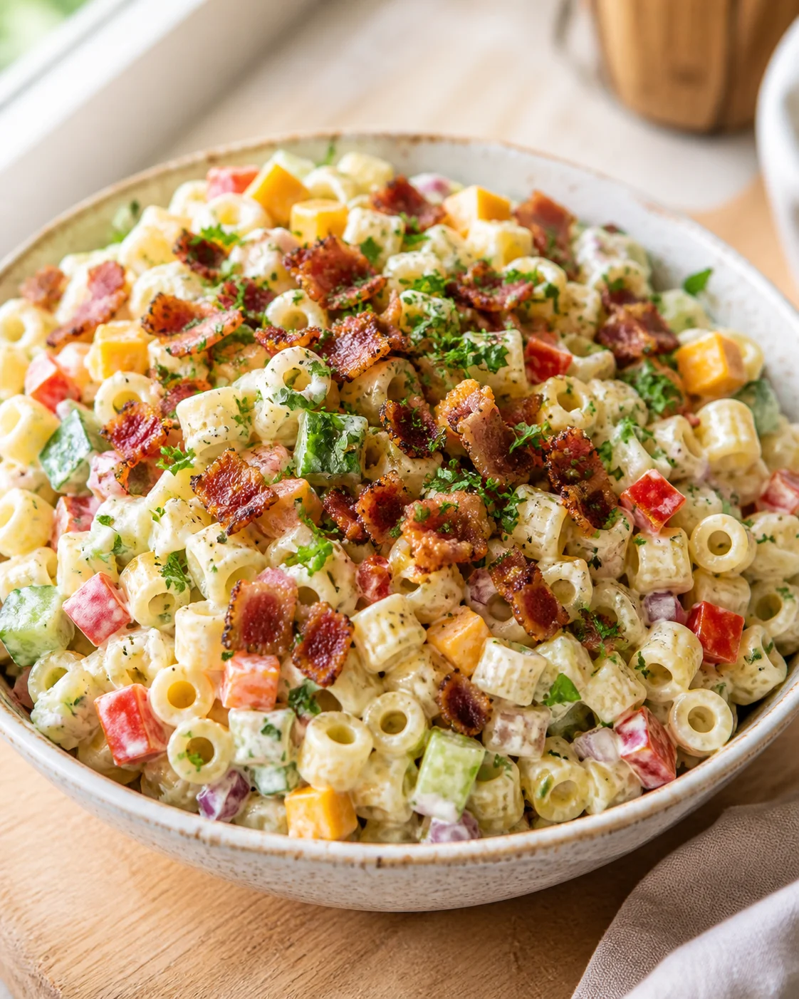 bowl of creamy pasta salad topped with crispy bacon and colorful diced vegetables