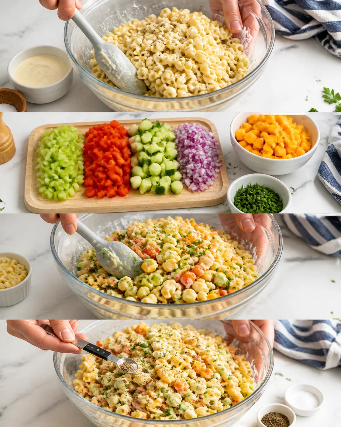 collage showing macaroni salad ingredients: cooked pasta in creamy dressing, and chopped vegetables on a marble countertop.