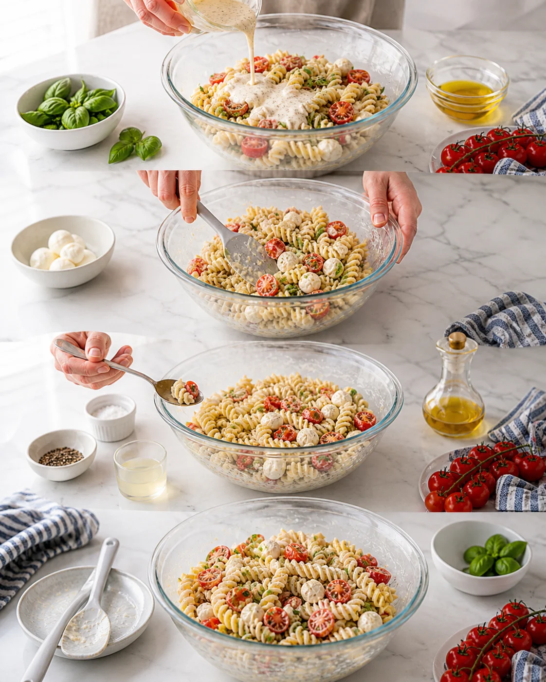 Hands pouring dressing and tossing cherry-tomato pasta salad in glass bowls.