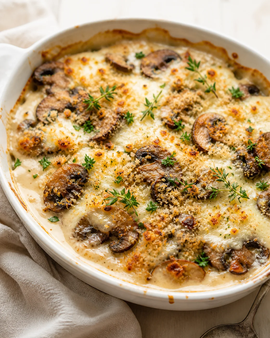 Creamy mushroom gratin in a white baking dish topped with breadcrumbs and herbs.