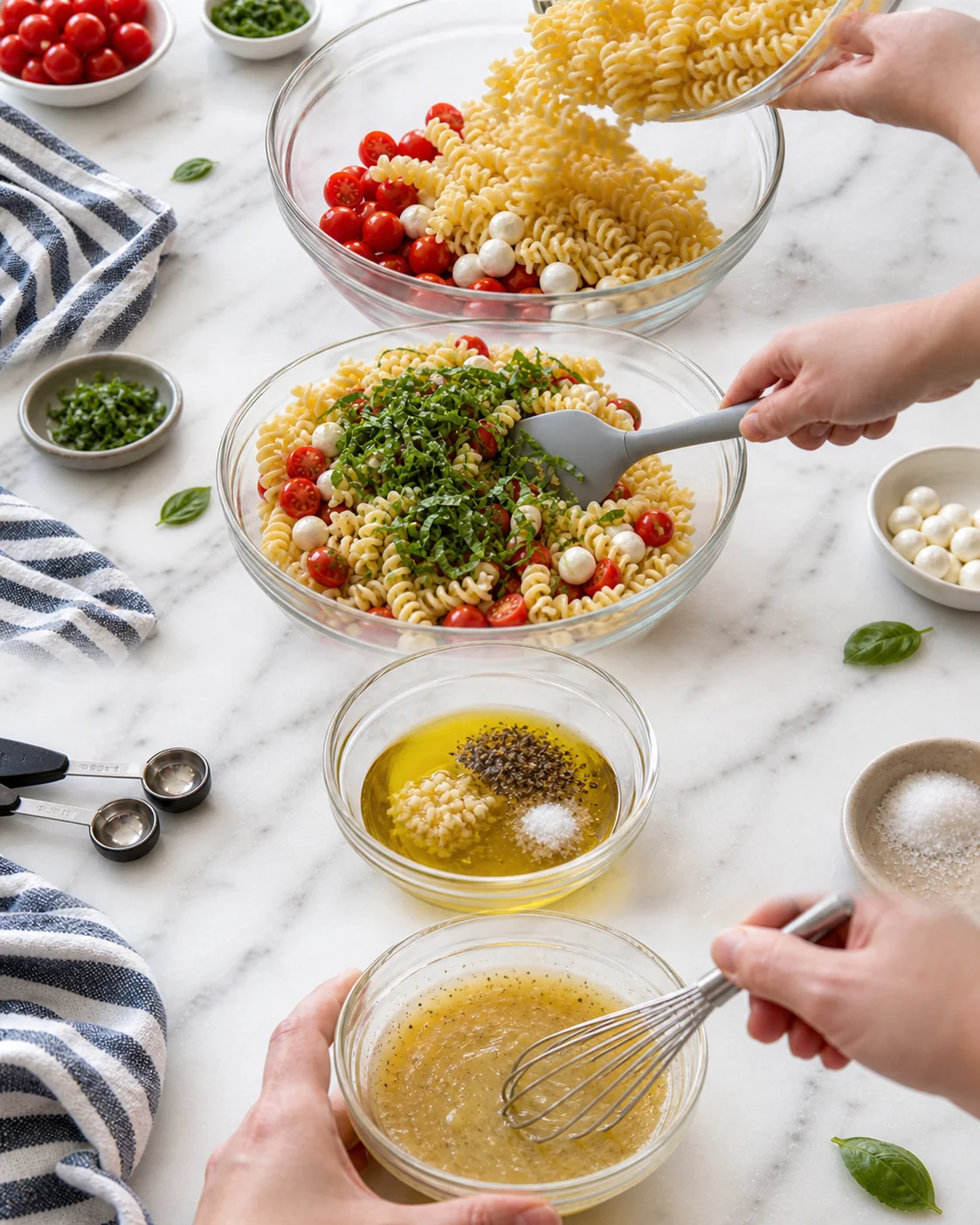 Hands pour pasta into a bowl with cherry tomatoes and mozzarella, while dressing is whisked nearby on a marble counter.