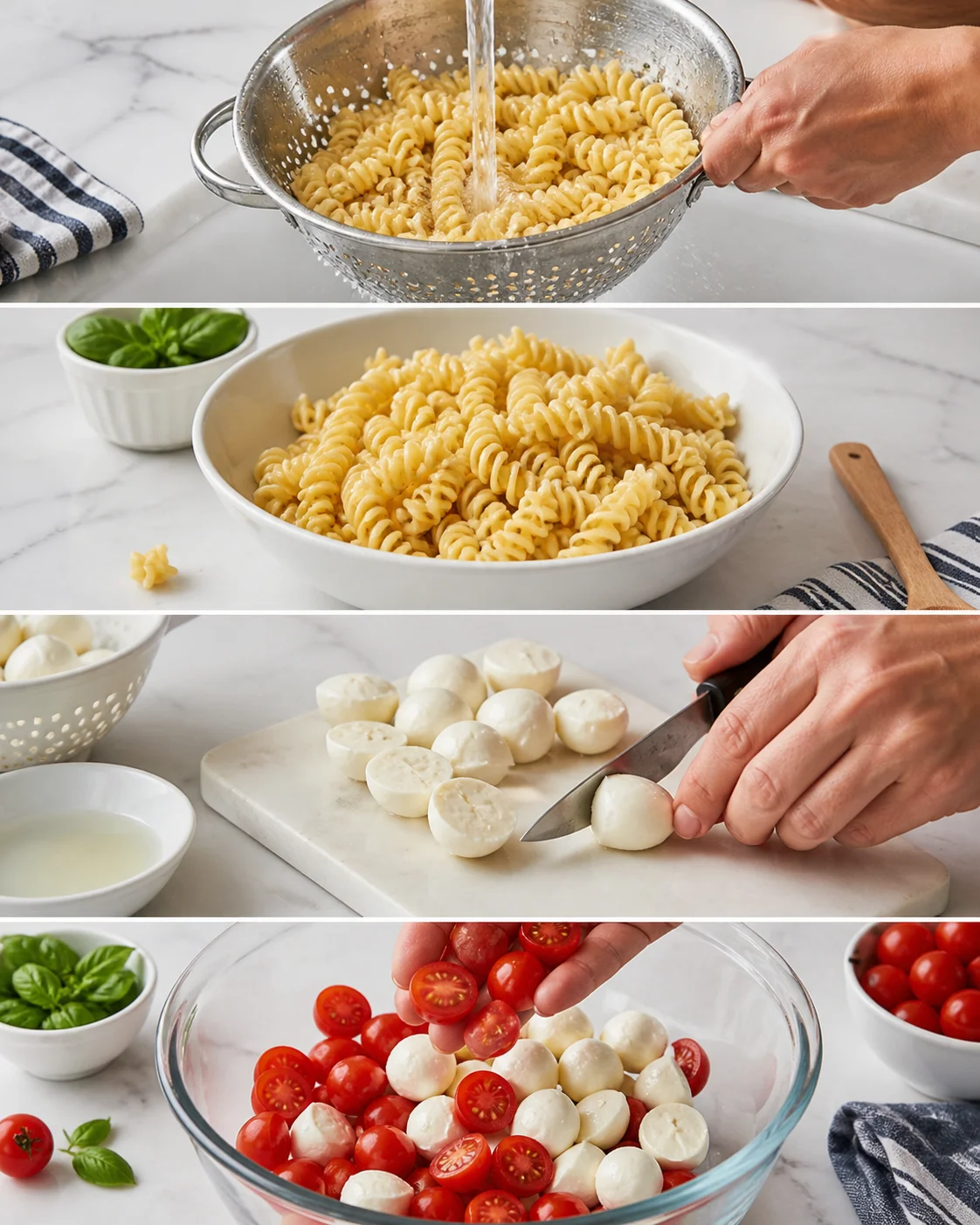 Four-panel collage showing pasta rinsing, cooked pasta in a bowl, sliced mozzarella, and tomato mozzarella mix.