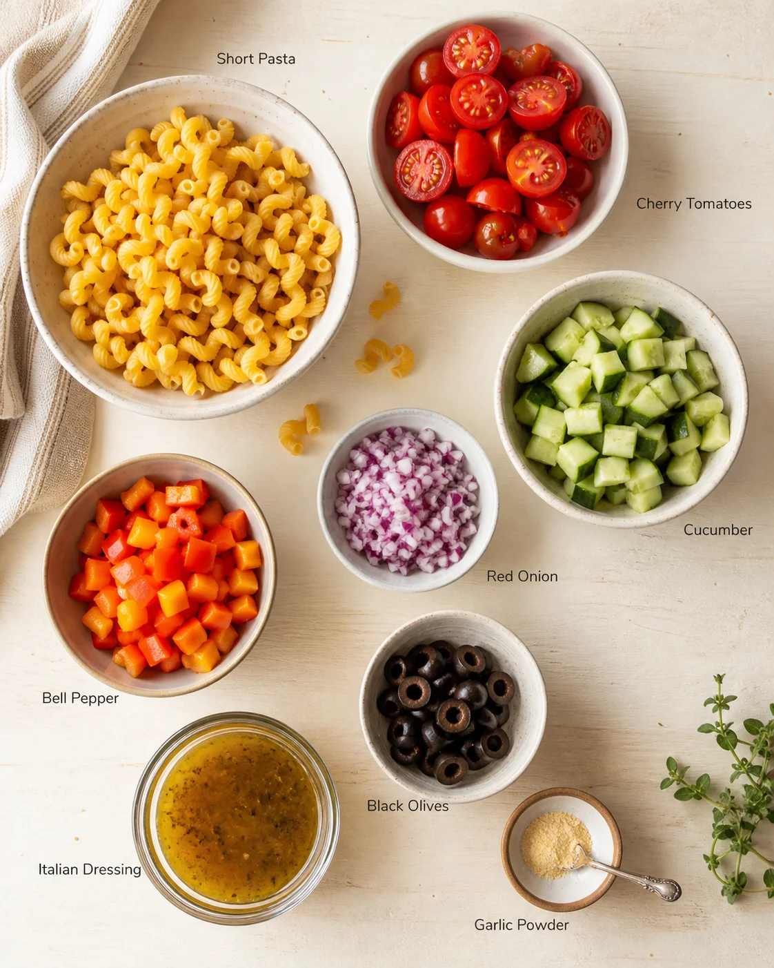 Overhead shot of bowls with pasta, cherry tomatoes, cucumber, red onion, bell pepper, and olives labeled for a pasta salad.