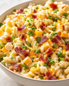 Creamy fusilli pasta with bacon, cheddar cubes, and chopped green onions in a beige bowl