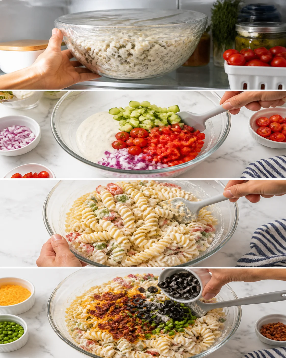 A four-panel collage showing the assembly of a creamy pasta salad with vegetables.