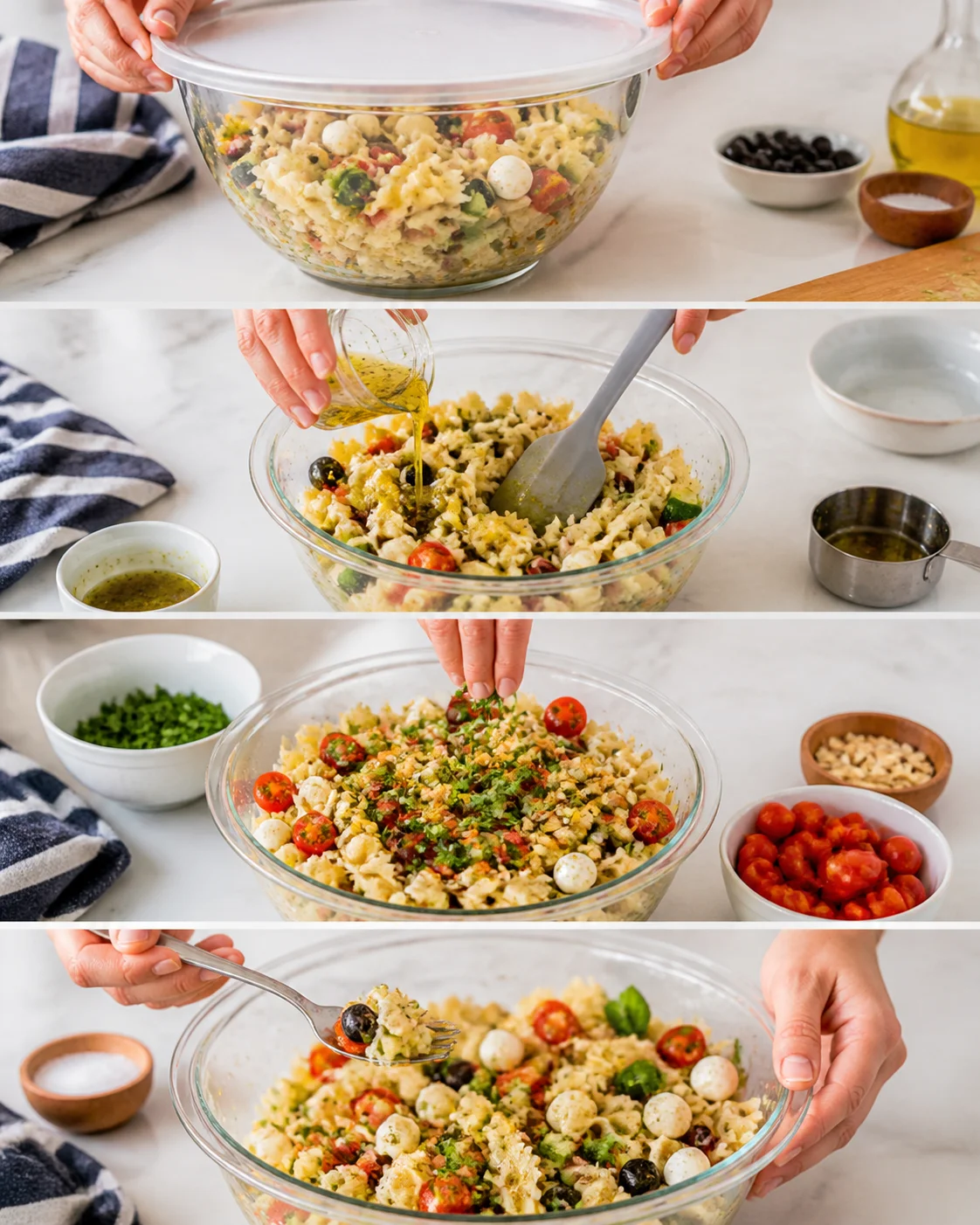 collage of hands preparing pasta salad in a glass mixing bowl with mozzarella, tomatoes, olives, and herbs.