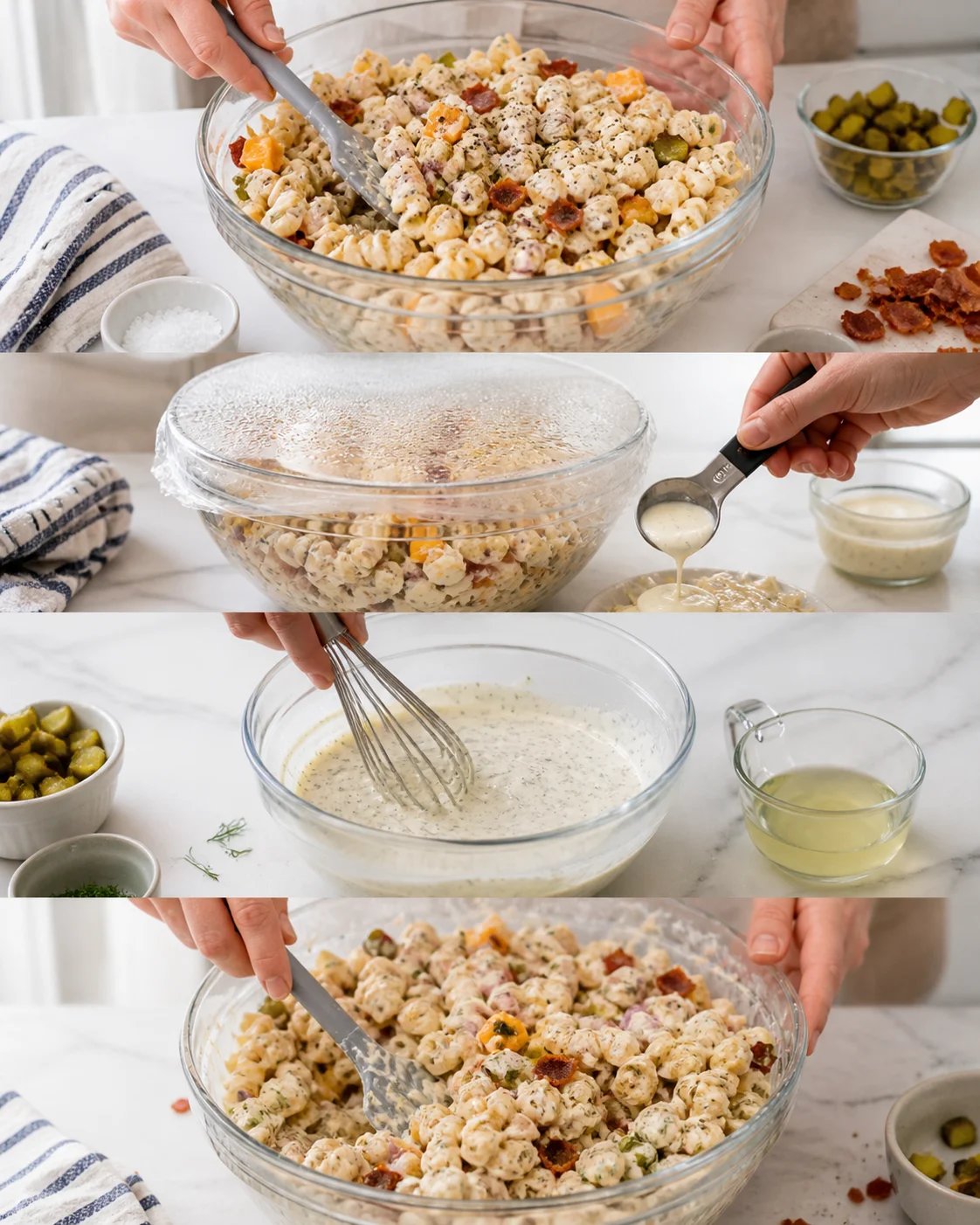 four-panel collage of creamy macaroni salad being prepared with dressing and mixing in glass bowls