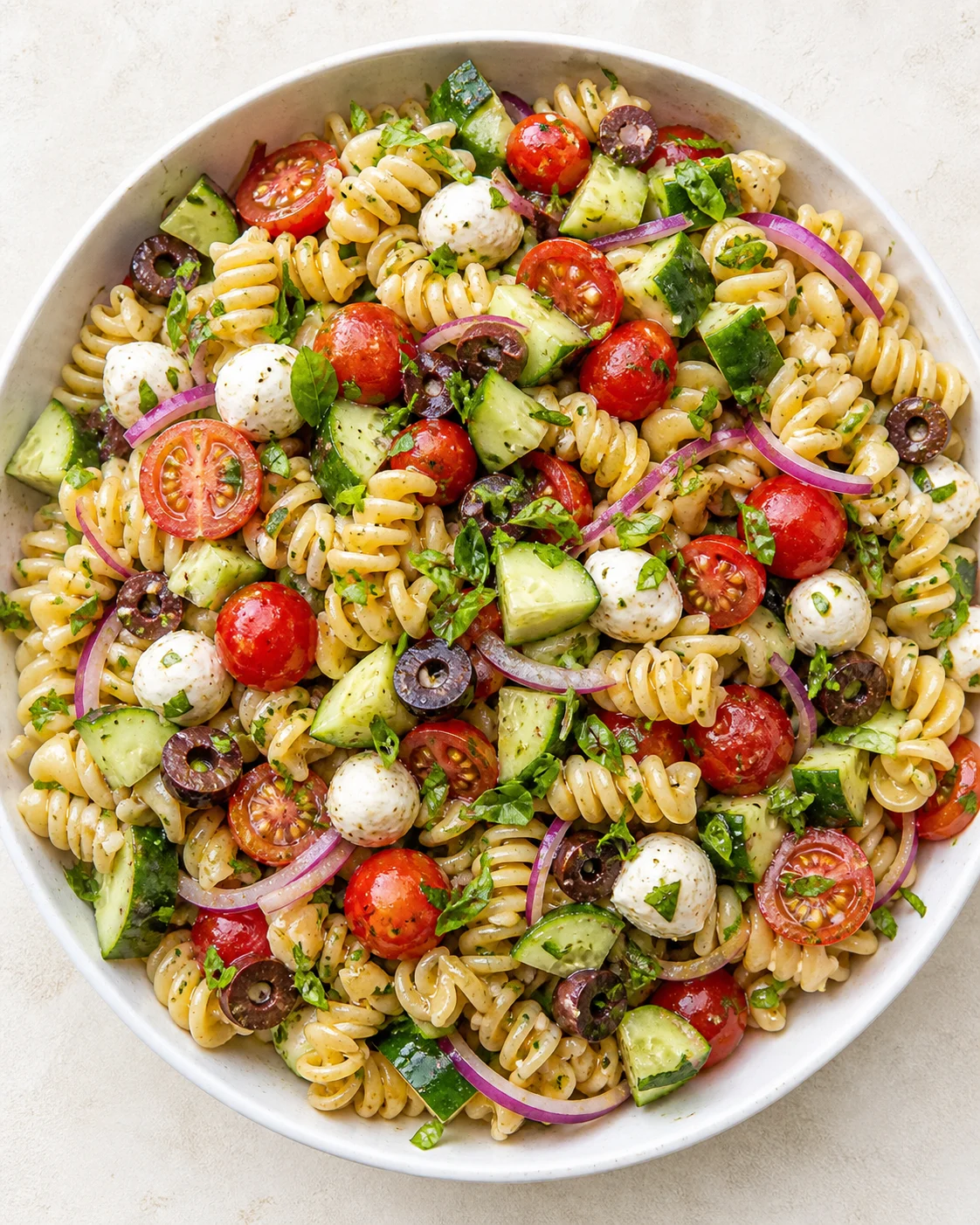 colorful pasta salad with cherry tomatoes, cucumber, mozzarella, olives, avocado, red onion, and herbs