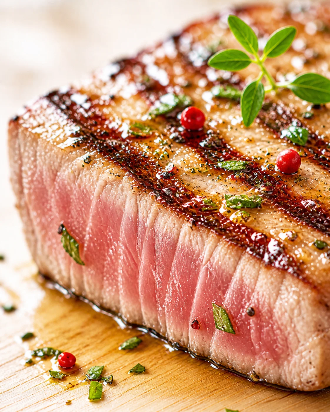Close-up of a juicy grilled steak with herbs and peppercorns on a wooden cutting board.