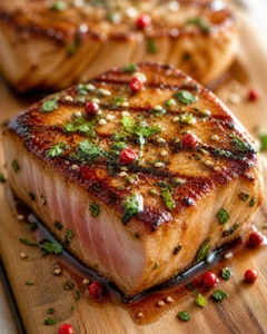 thick glazed pork loin roast with crispy crust, pink interior, garnished with herbs and red peppercorns on a wooden board.
