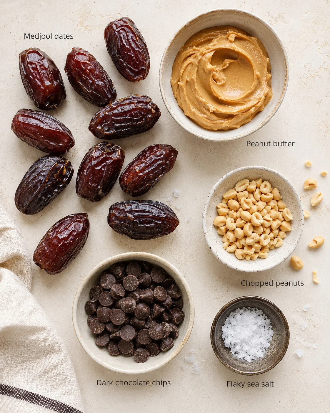 Assorted ingredients laid out on a pale surface: dates, peanut butter, chopped peanuts, dark chocolate chips, sea salt.