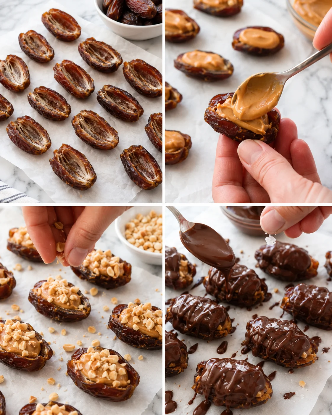 Collage of date halves with peanut butter filling, chopped nuts, and chocolate-drizzled stuffed dates on parchment and marble.