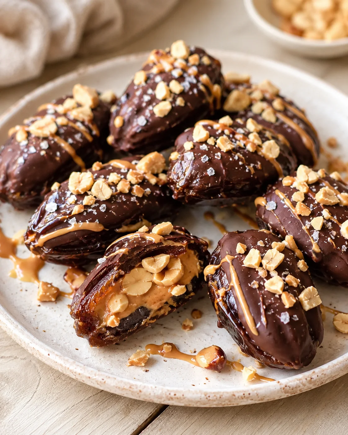 Plate of chocolate-dipped dates topped with crushed peanuts and caramel drizzle.