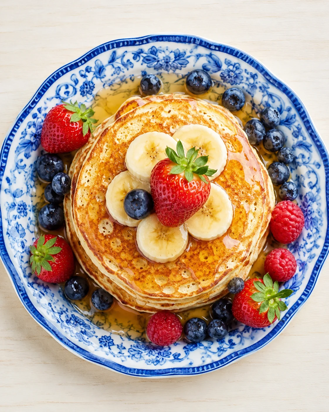 banana-strawberry-pancakes top-down view of pancakes with banana slices and berries on a blue floral plate