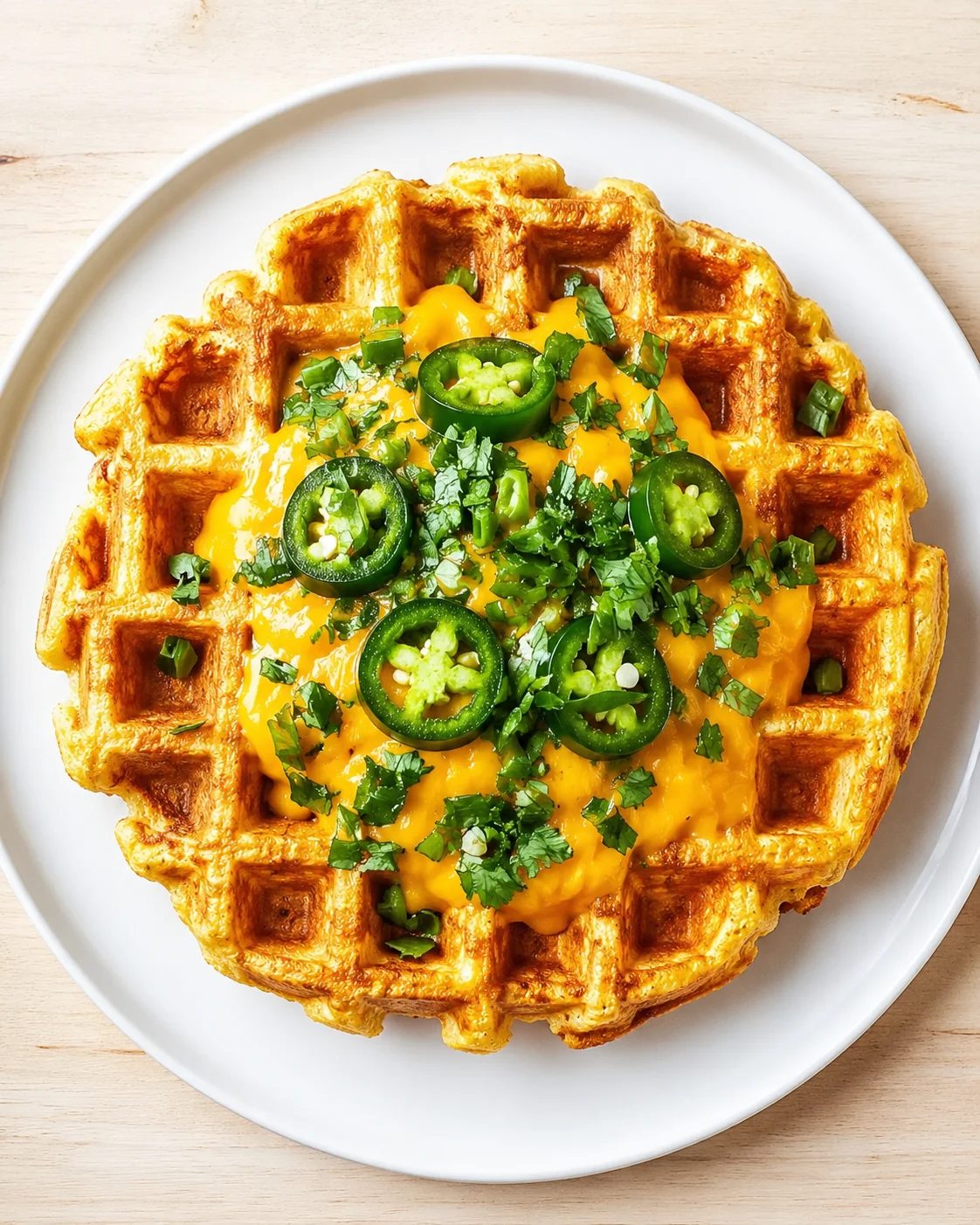 top-down view of a golden waffle topped with melted cheddar, jalapeno slices, and cilantro on a white plate