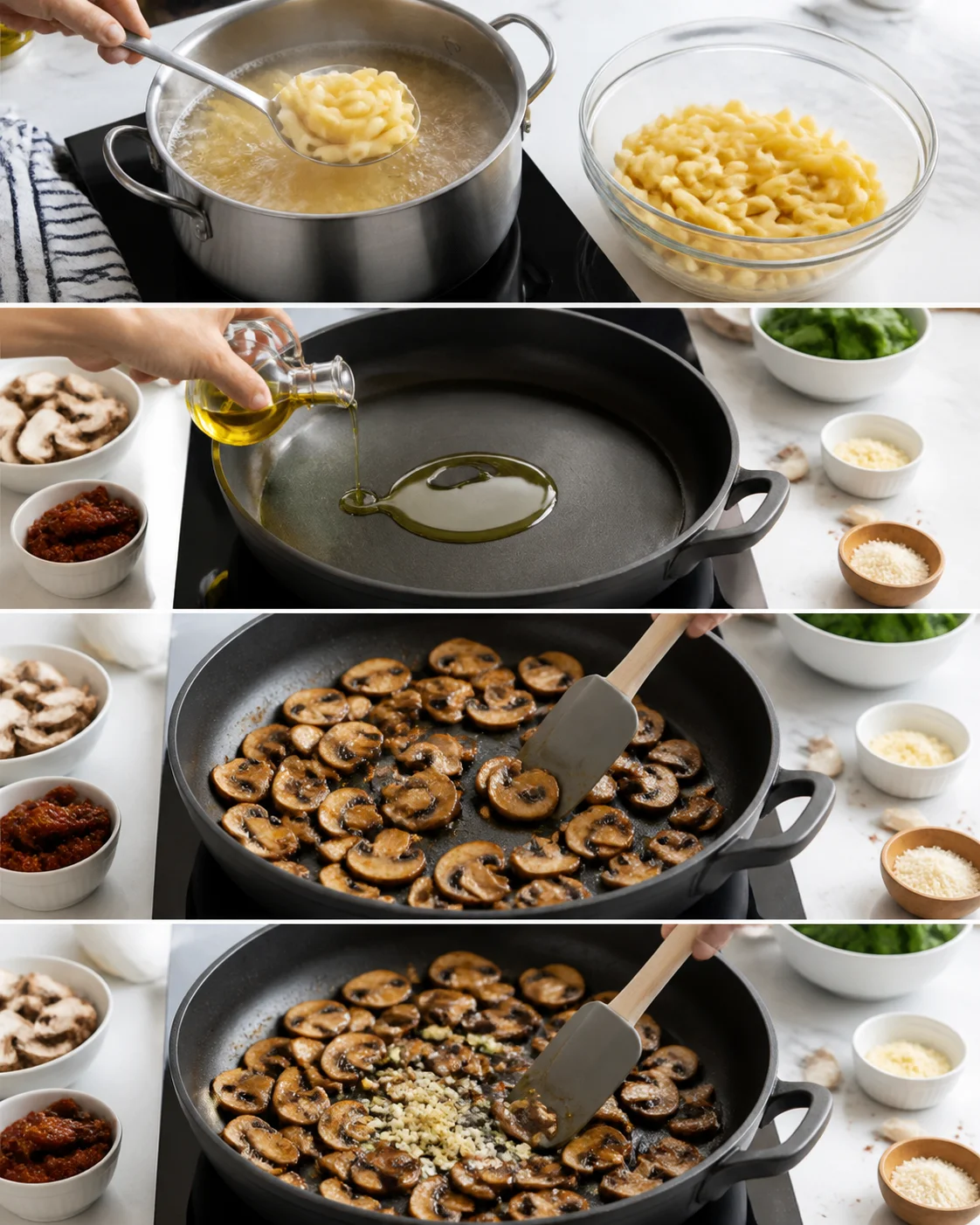 four-panel collage showing gnocchi boiling, olive oil pouring, and mushrooms sautéing in a skillet