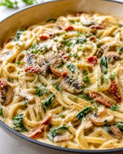 creamy mushroom spinach pasta in a skillet with sun-dried tomatoes