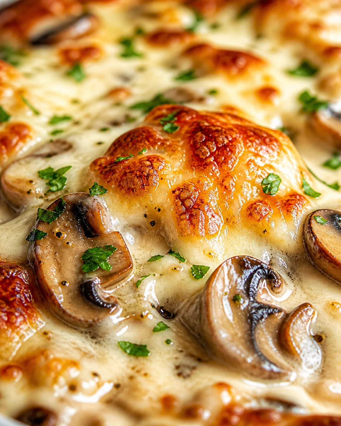 Close-up of bubbly golden cheese crust with mushrooms and parsley in a creamy sauce