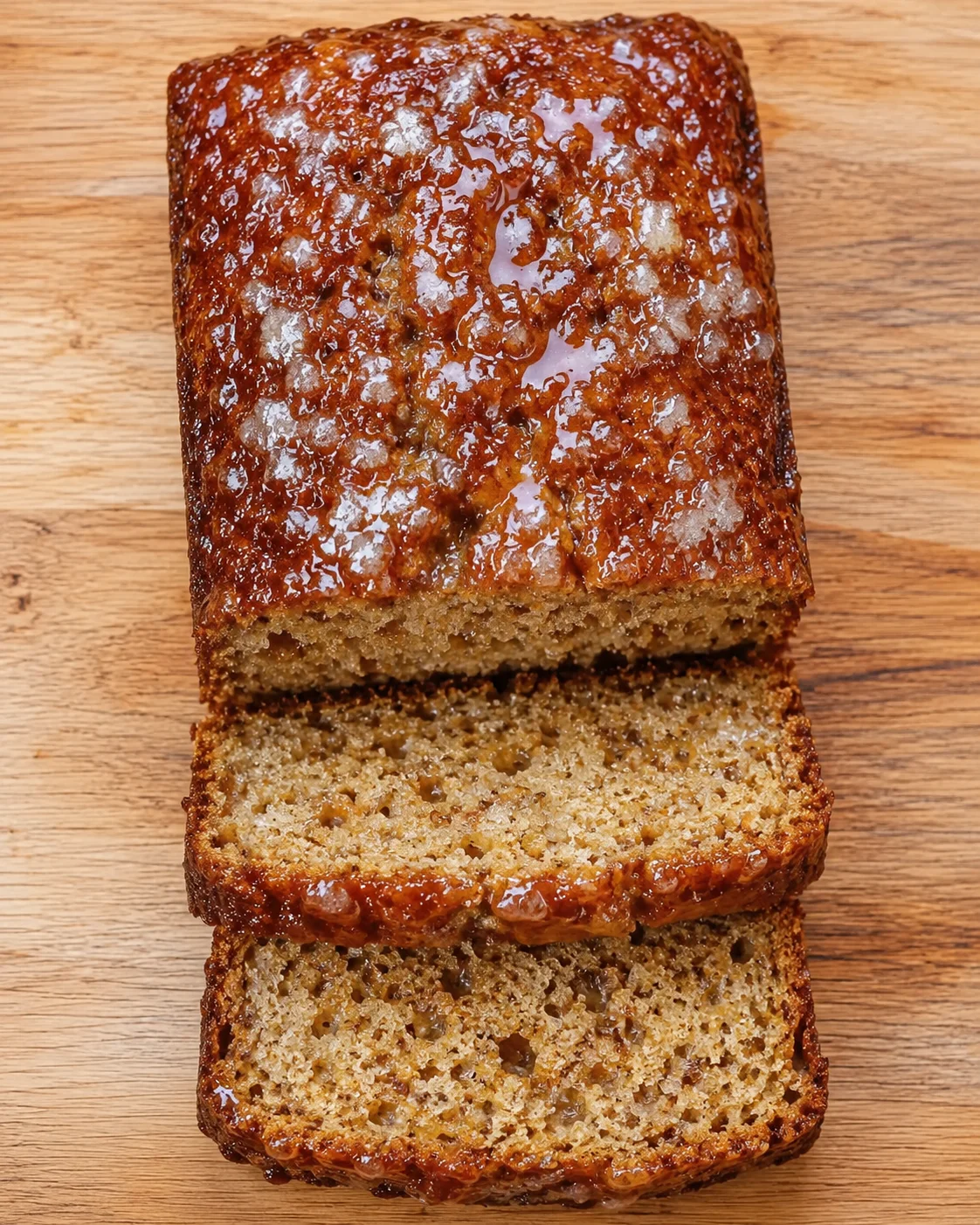 loaf of glazed banana bread with two slices on a wooden board, close-up