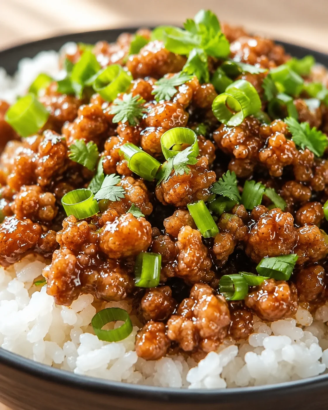 bowl of white rice topped with glossy minced meat and green onion curls